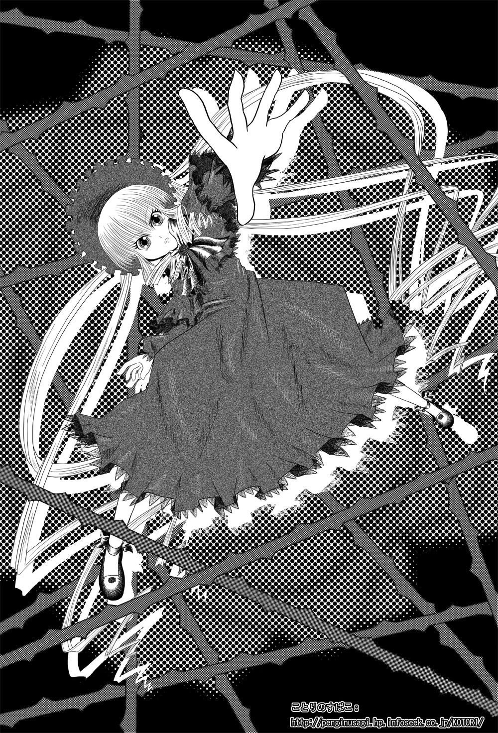 1girl dress fence full_body greyscale image looking_at_viewer monochrome outstretched_arm outstretched_hand shinku smile solo