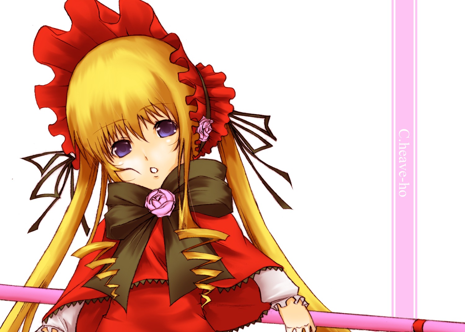 1girl auto_tagged blonde_hair blue_eyes bonnet bow capelet dress flower image long_hair long_sleeves looking_at_viewer pink_rose red_capelet red_dress rose shinku simple_background solo twintails white_background