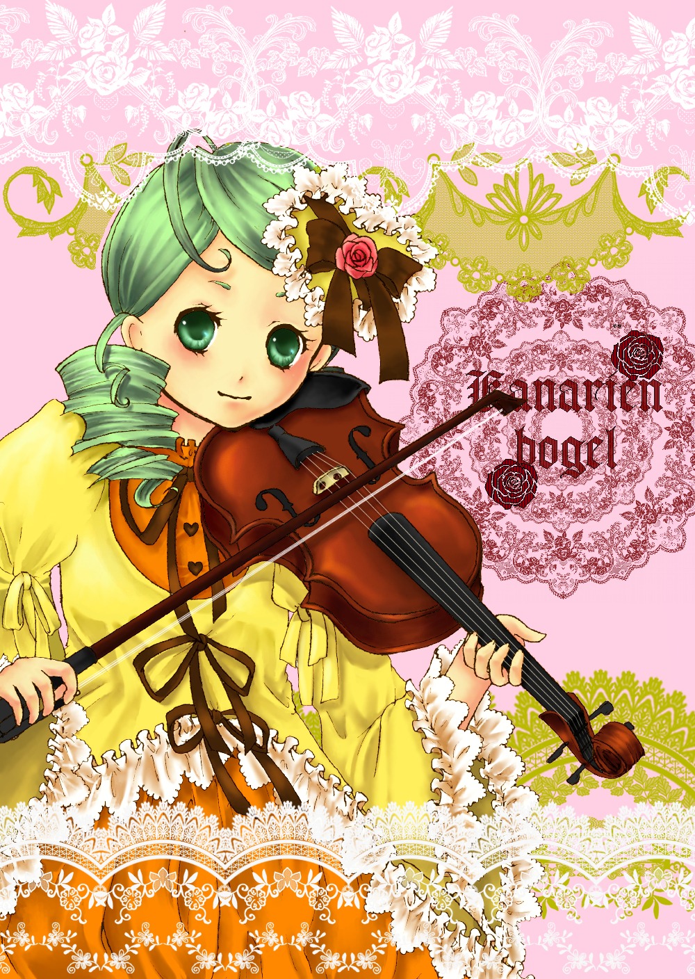 1girl dress drill_hair flower frills green_eyes green_hair hat image instrument kanaria long_sleeves music pink_rose playing_instrument ribbon rose solo twin_drills violin yellow_dress