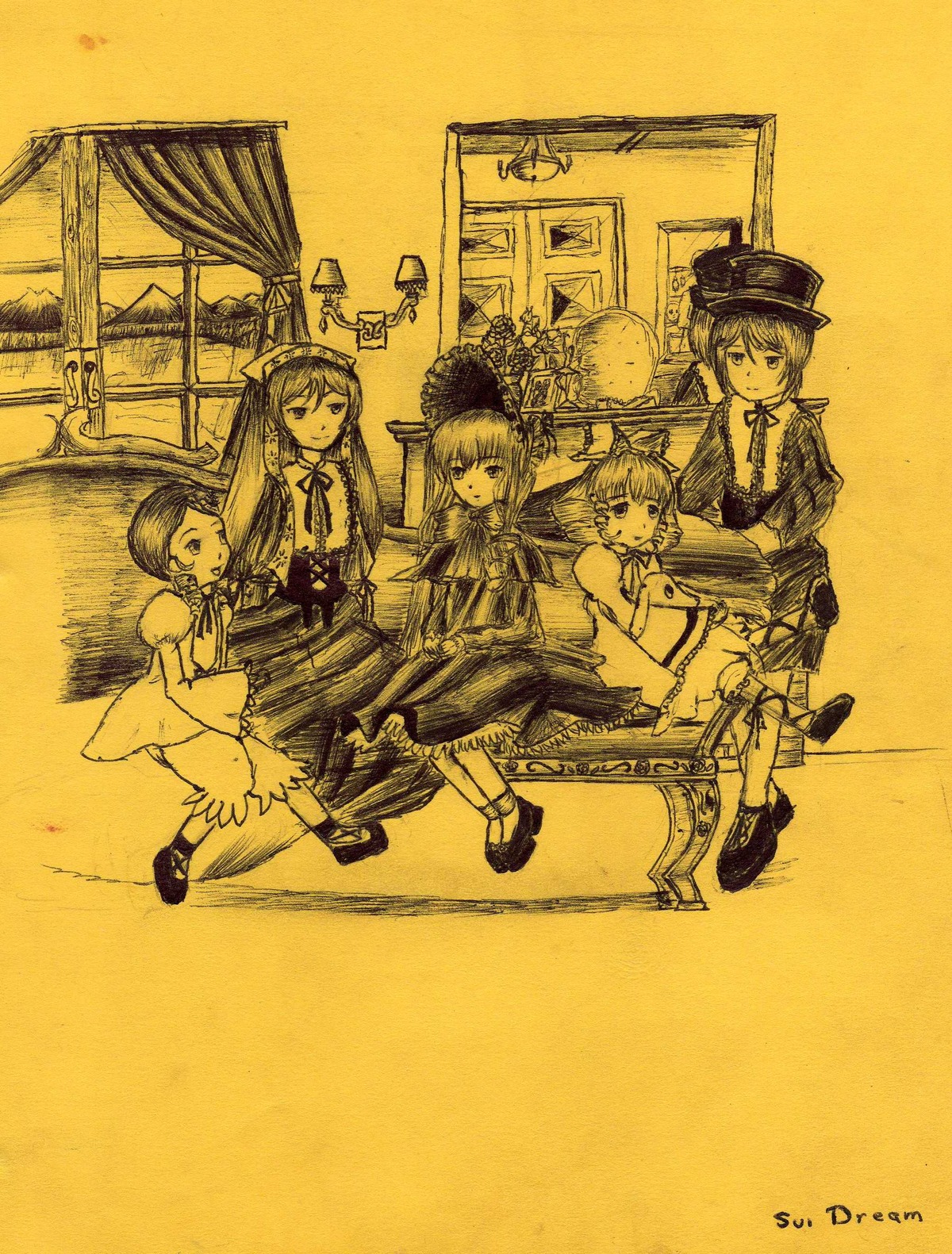 dress hat image instrument long_hair lunasa_prismriver monochrome multiple multiple_girls short_hair sitting smile tagme wings yellow_theme