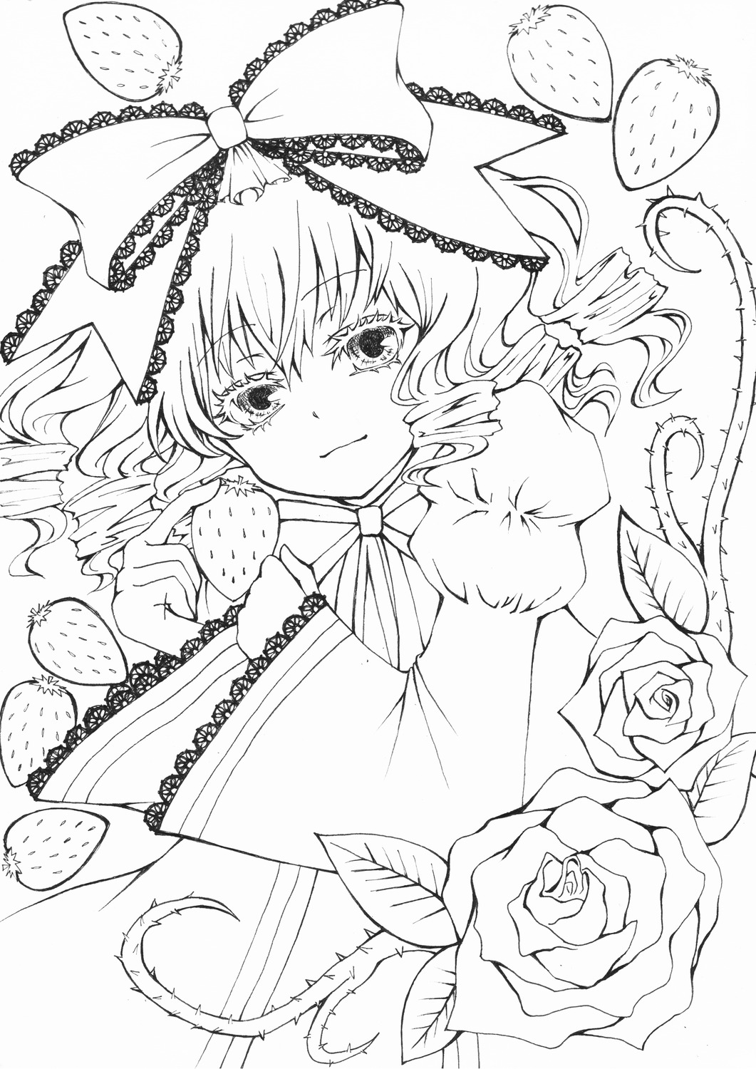 1girl drill_hair flower food fruit greyscale hinaichigo image monochrome rose solo tears thorns