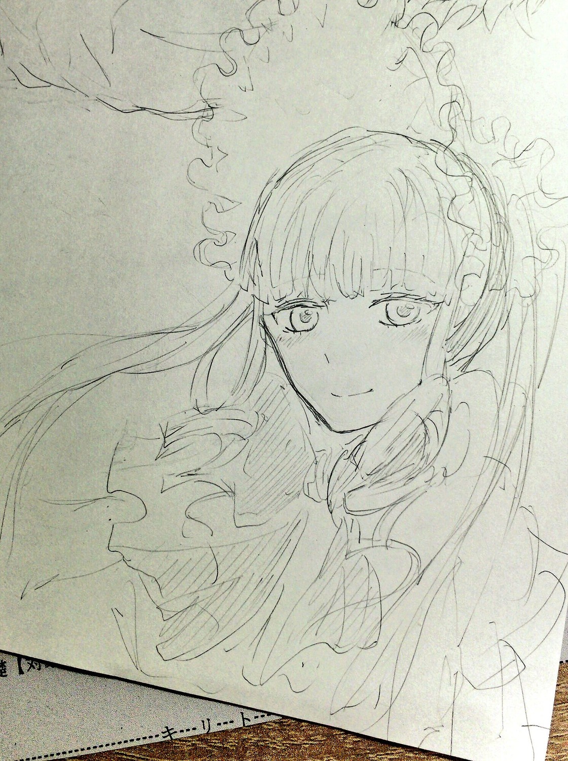 1girl bangs blunt_bangs closed_mouth eyebrows_visible_through_hair frills image long_hair looking_at_viewer monochrome shinku sketch smile solo traditional_media upper_body