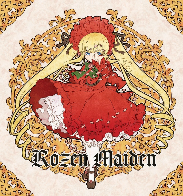 1girl 86800 art_nouveau bad_id bad_pixiv_id blonde_hair bloomers blue_eyes bonnet bow dress drill_hair flower frills full_body image kano long_hair long_sleeves looking_at_viewer pantyhose petals red_dress red_flower rose rozen_maiden shinku solo twintails underwear white_legwear