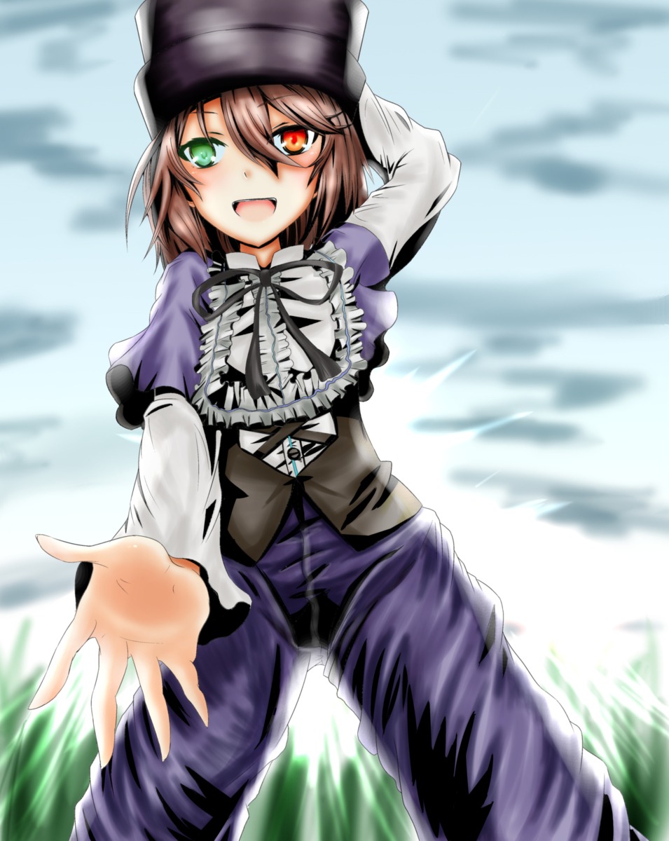 1girl :d blurry blurry_foreground brown_hair depth_of_field dress dutch_angle grass green_eyes hat heterochromia image long_sleeves looking_at_viewer open_mouth outdoors red_eyes short_hair smile solo souseiseki standing suiseiseki