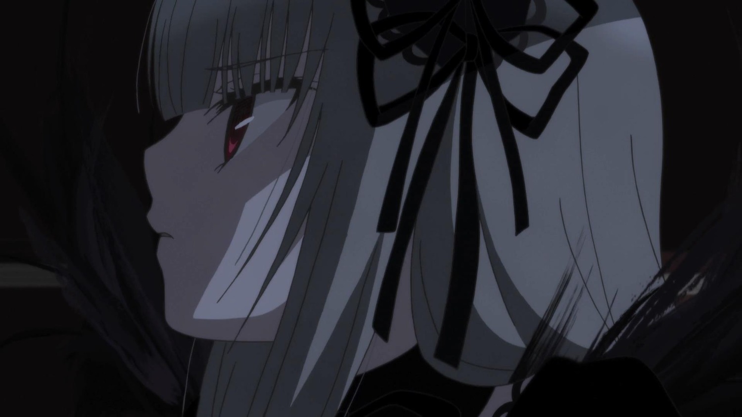 1girl black_ribbon close-up closed_mouth face from_side hair_ribbon image long_hair profile red_eyes ribbon smile solo suigintou