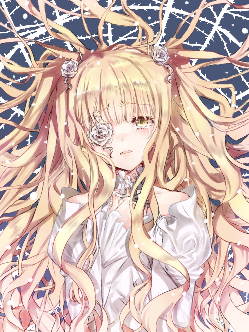 1girl blonde_hair crying crying_with_eyes_open dress eyepatch flower frills hair_flower hair_ornament image kirakishou long_hair parted_lips rose solo tears two_side_up upper_body very_long_hair wavy_hair white_flower white_rose yellow_eyes