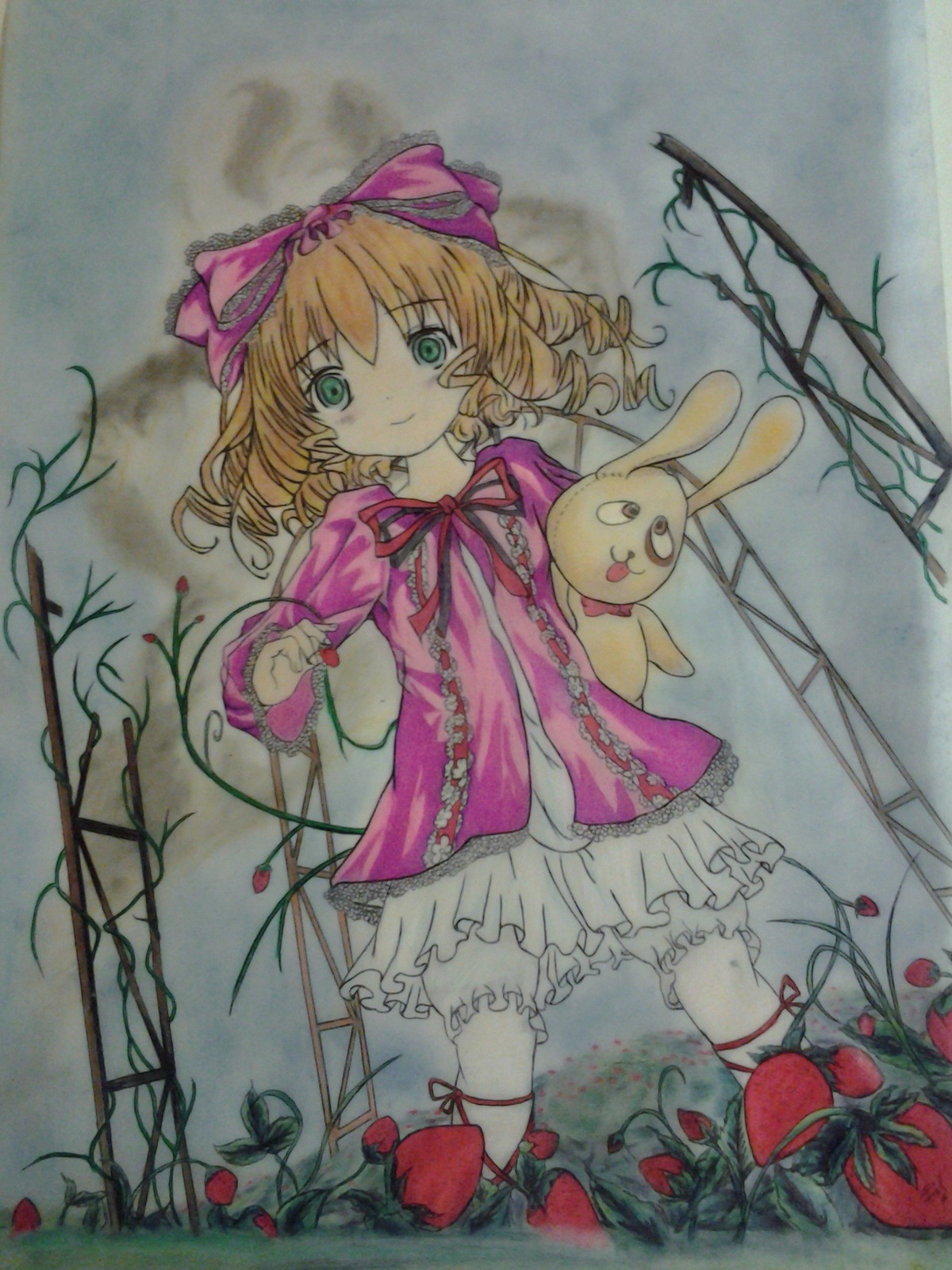 1girl apple blonde_hair bloomers bow dress flower food frills fruit grass hair_bow hina_ichigo hinaichigo image long_sleeves looking_at_viewer pink_bow plant smile solo standing strawberry tree underwear vines