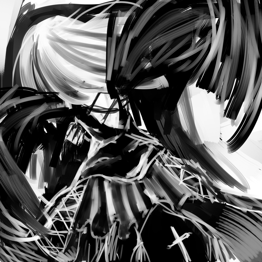 1girl greyscale image monochrome solo suigintou