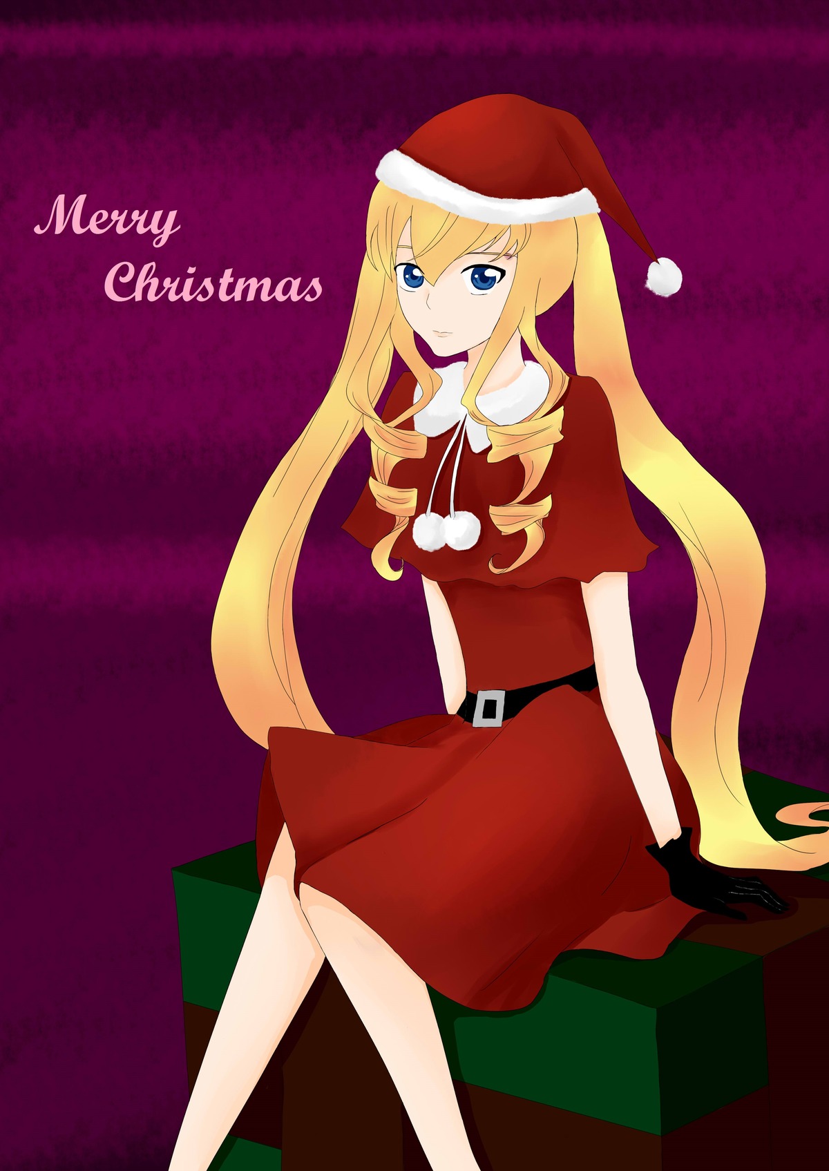 1girl belt black_gloves blonde_hair blue_eyes christmas gloves hat image long_hair merry_christmas red_skirt santa_costume santa_hat shinku sitting solo very_long_hair