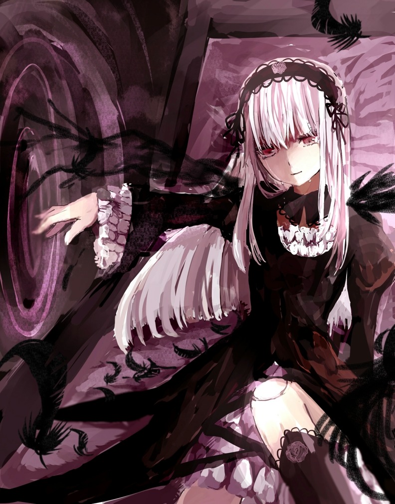 1girl black_dress black_wings boots dress feathers flower frills hairband image long_hair long_sleeves looking_at_viewer outstretched_arm red_eyes rose silver_hair sitting solo suigintou very_long_hair wings