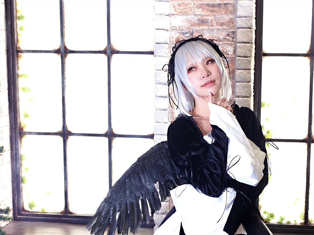 1girl black_dress black_ribbon closed_mouth dress feathers flower hairband indoors long_sleeves looking_at_viewer red_eyes silver_hair solo suigintou window wings