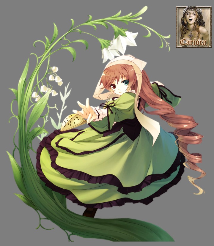 1girl brown_hair dress drill_hair frills full_body green_dress green_eyes heterochromia image long_hair long_sleeves looking_at_viewer red_eyes solo suiseiseki transparent_background twin_drills twintails very_long_hair watering_can wide_sleeves