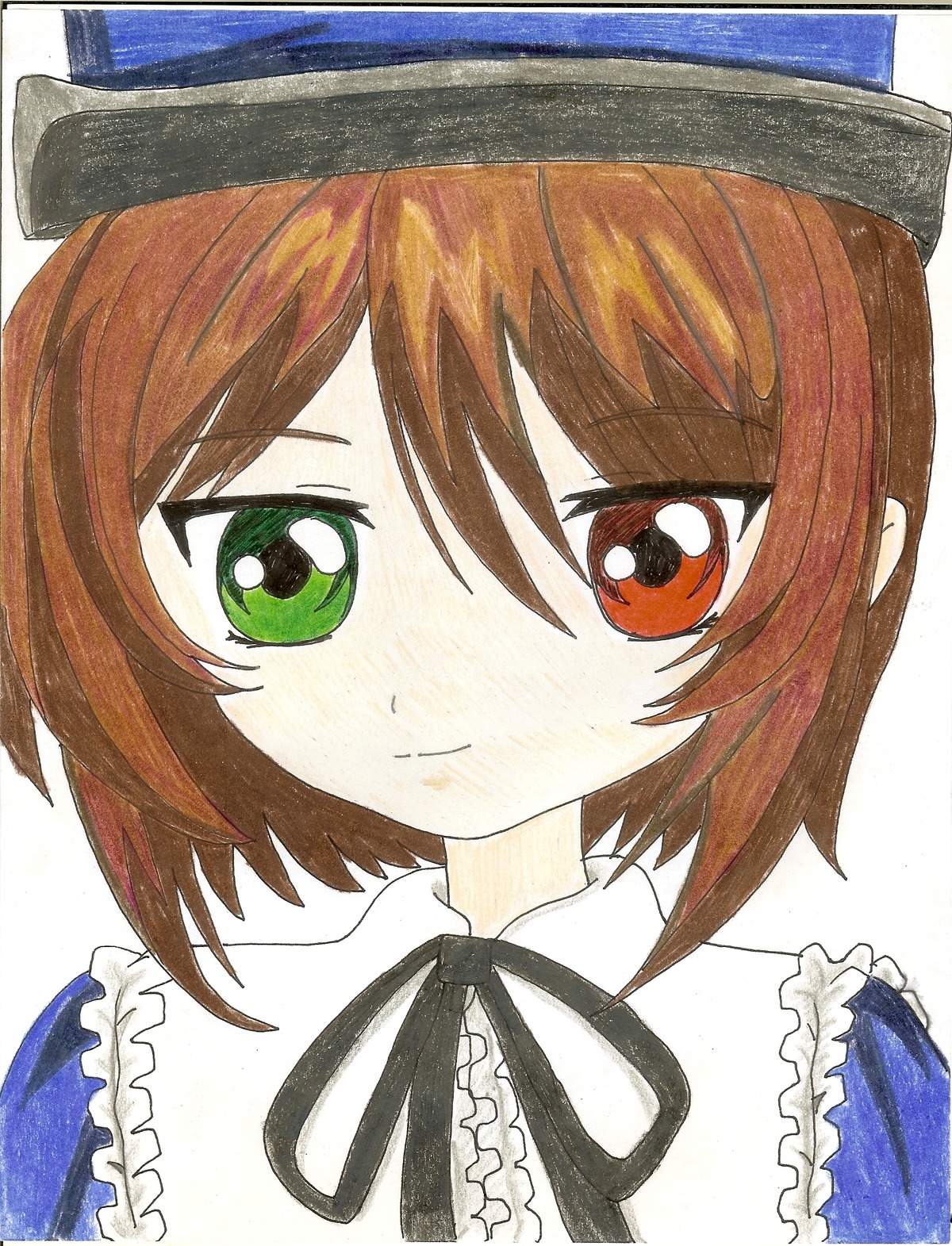 1girl bow brown_eyes brown_hair closed_mouth eyebrows_visible_through_hair frills green_eyes hat image looking_at_viewer marker_(medium) millipen_(medium) portrait ribbon shikishi short_hair simple_background smile solo souseiseki traditional_media usami_renko white_background