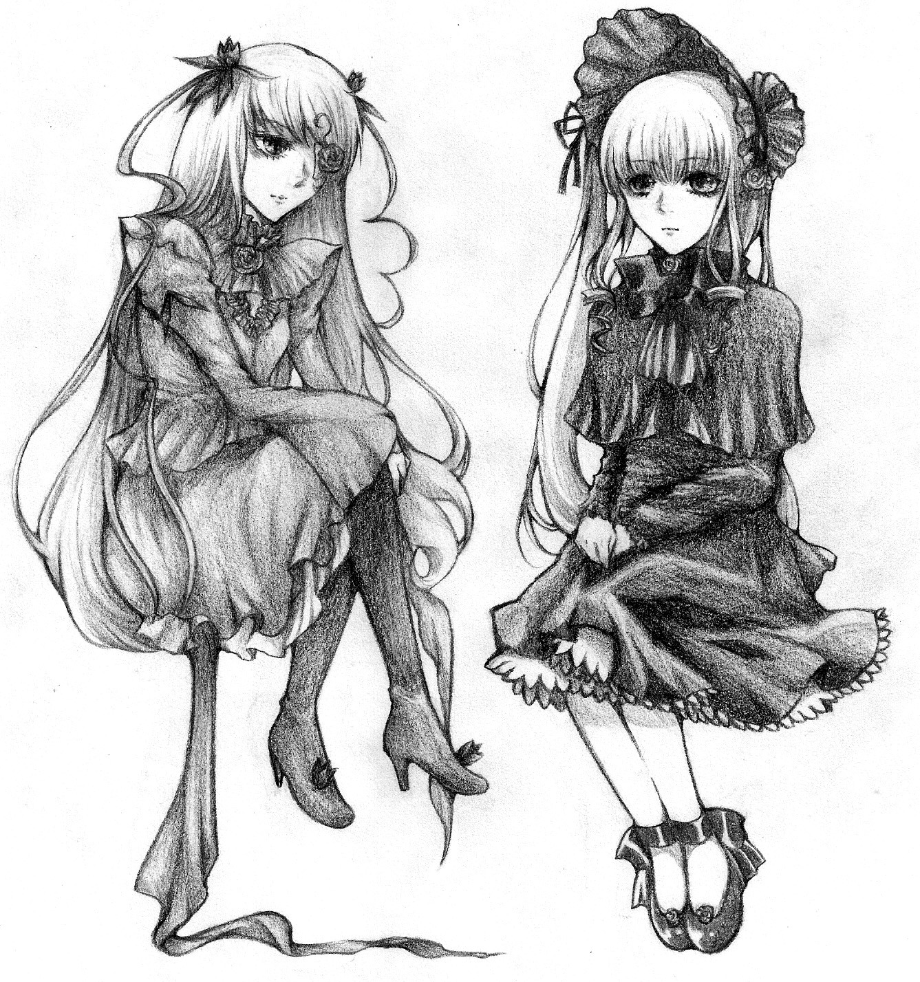 2girls barasuishou boots bow dress greyscale high_heels image long_hair monochrome multiple_girls pair shinku standing traditional_media