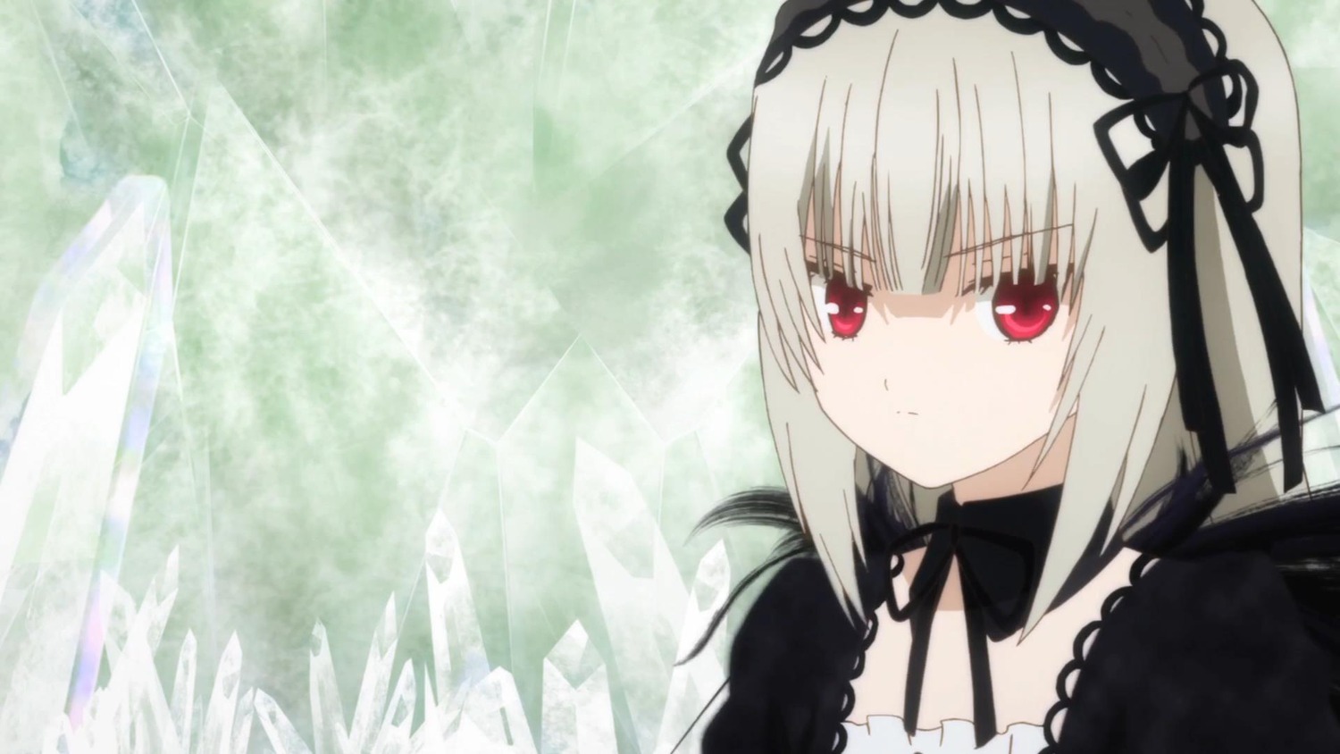 1girl bangs black_ribbon closed_mouth detached_collar dress expressionless eyebrows_visible_through_hair frills hairband image long_hair long_sleeves looking_at_viewer red_eyes ribbon silver_hair solo suigintou wings