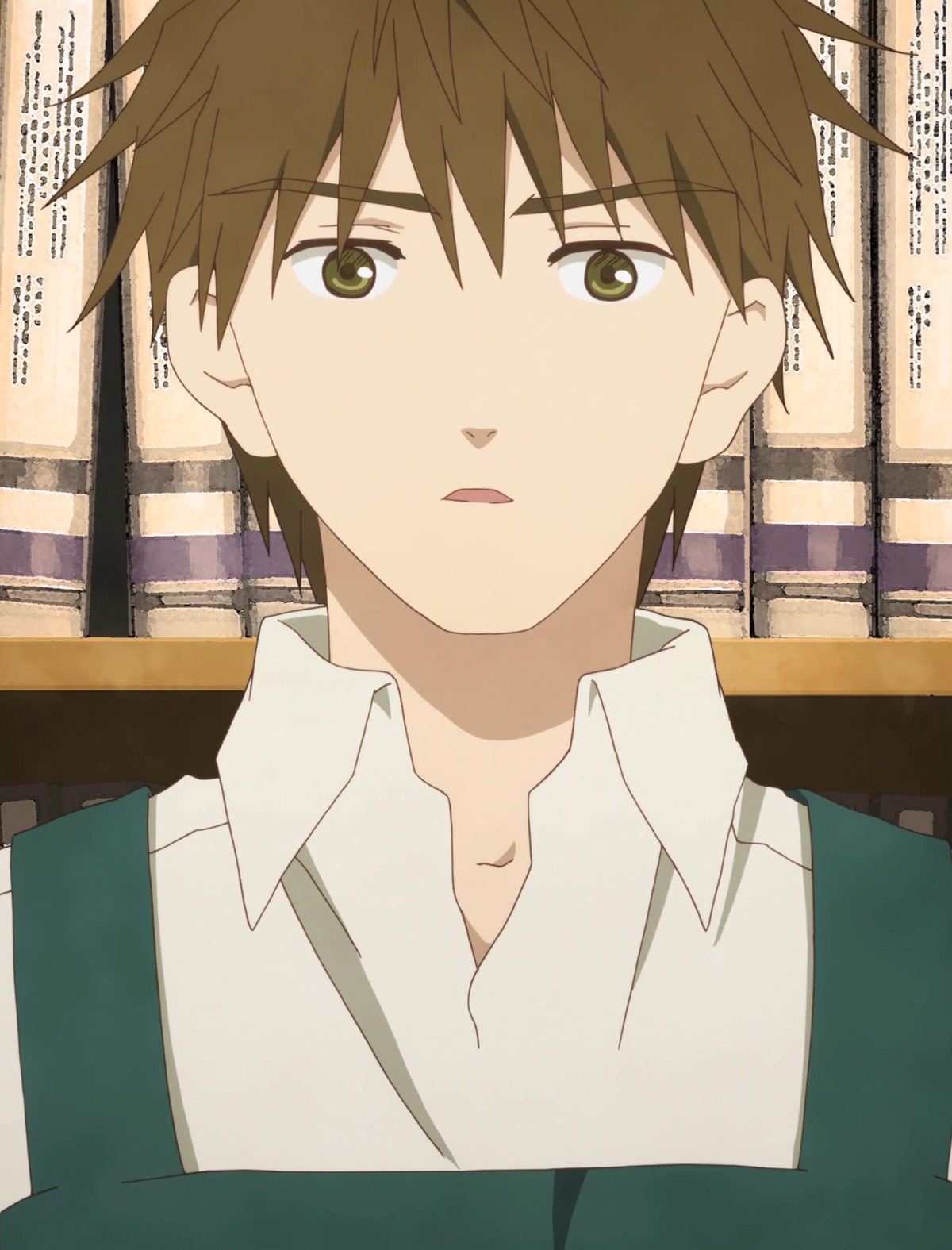 1boy brown_hair collared_shirt human indoors looking_at_viewer parted_lips sakurada_jun screenshot shirt solo upper_body white_shirt