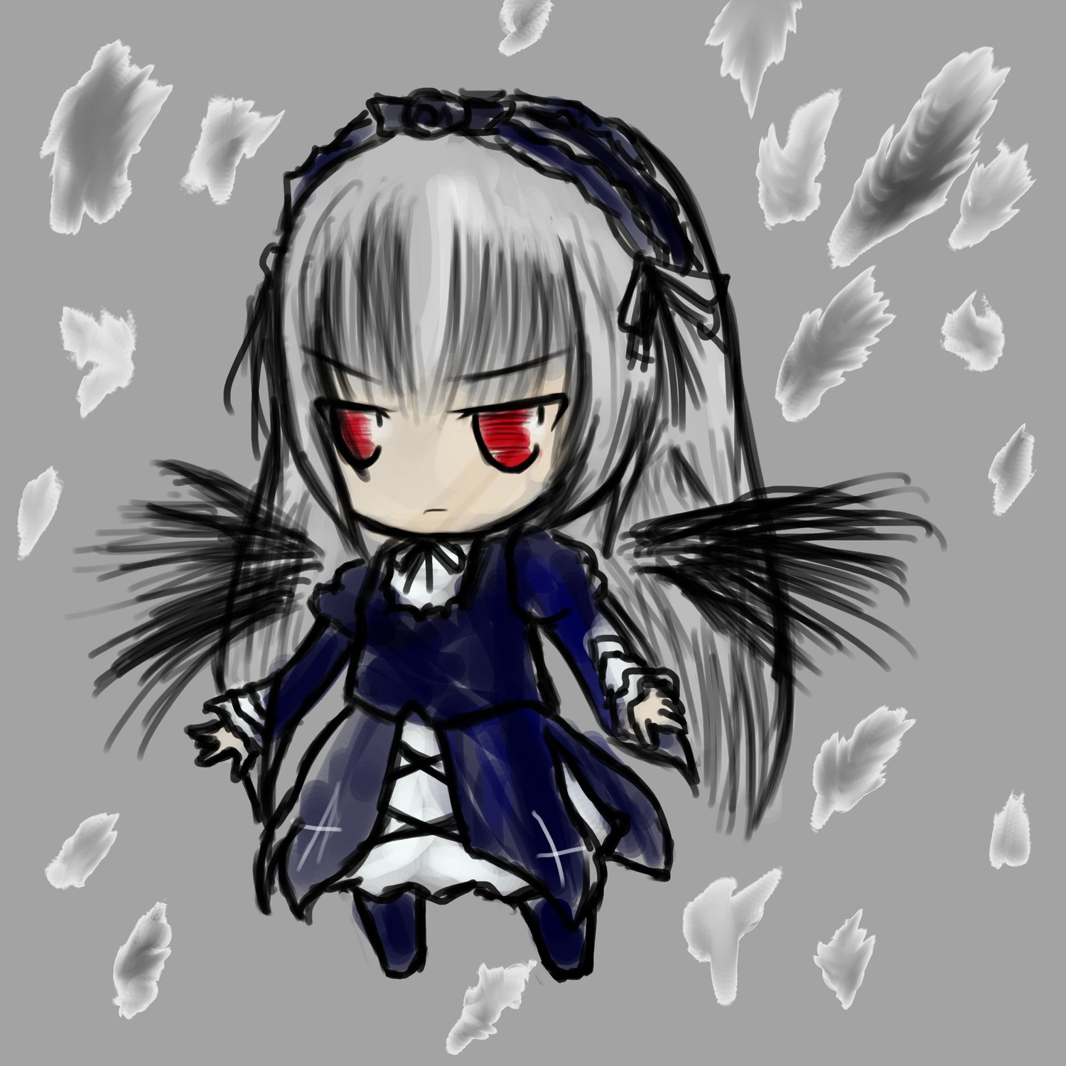 1girl black_wings chibi dress feathers floating flower frills full_body grey_background hairband image long_hair long_sleeves red_eyes ribbon rose silver_hair simple_background solo suigintou wings