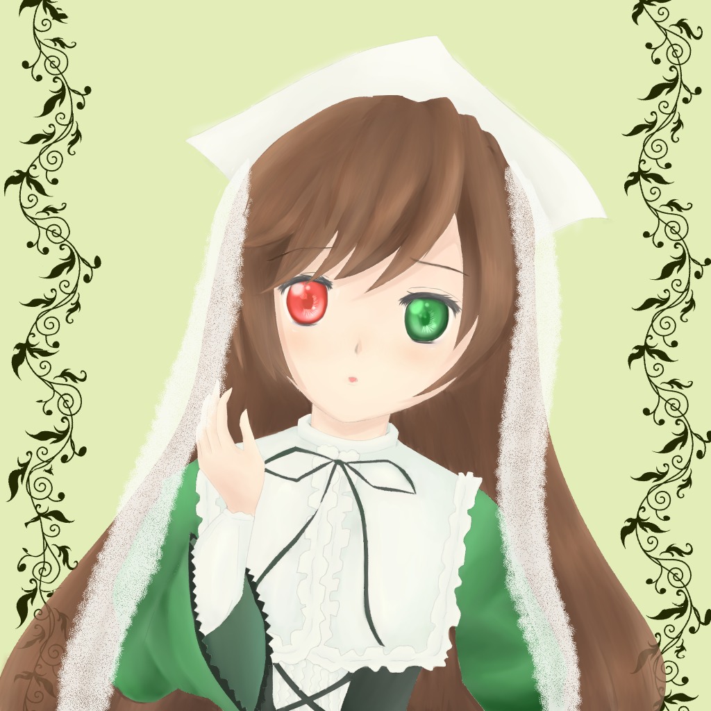 1girl :o bangs black_ribbon brown_hair dress green_dress green_eyes head_scarf heterochromia image long_hair long_sleeves looking_at_viewer red_eyes ribbon solo suiseiseki upper_body vertical_stripes