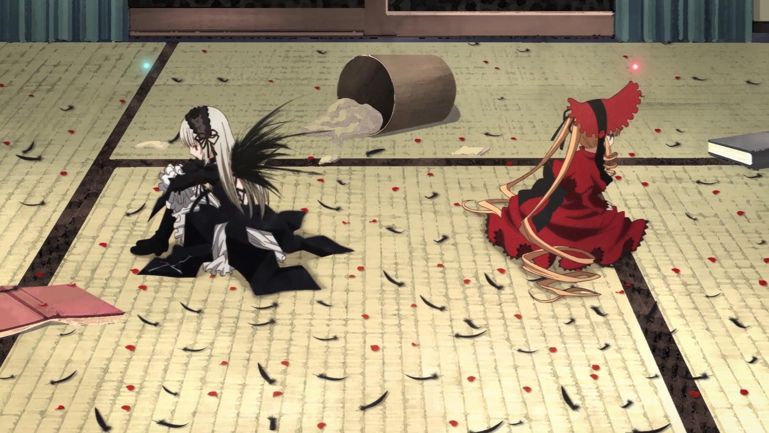 battle bird black_hair crow feathers hat image long_hair pair petals shinku suigintou sword weapon