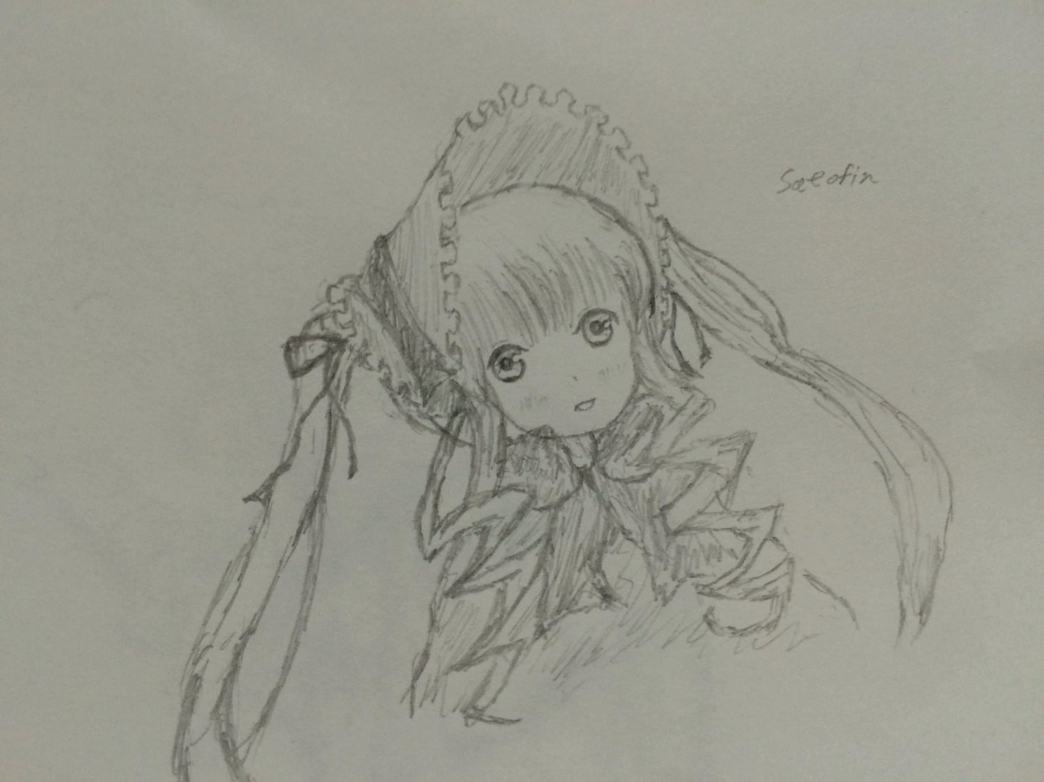 1girl :d frills graphite_(medium) greyscale image looking_at_viewer monochrome open_mouth photo shinku simple_background sketch smile solo traditional_media