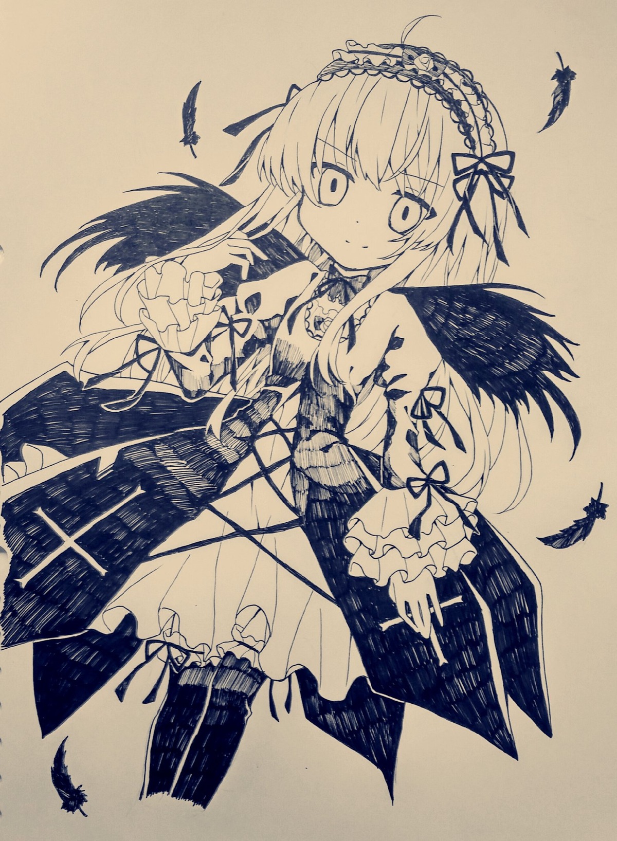 1girl bangs bird black_feathers closed_mouth crow dove dress eyebrows_visible_through_hair feathered_wings feathers frilled_sleeves frills hairband image long_hair long_sleeves looking_at_viewer monochrome ribbon seagull smile solo suigintou traditional_media wide_sleeves wings