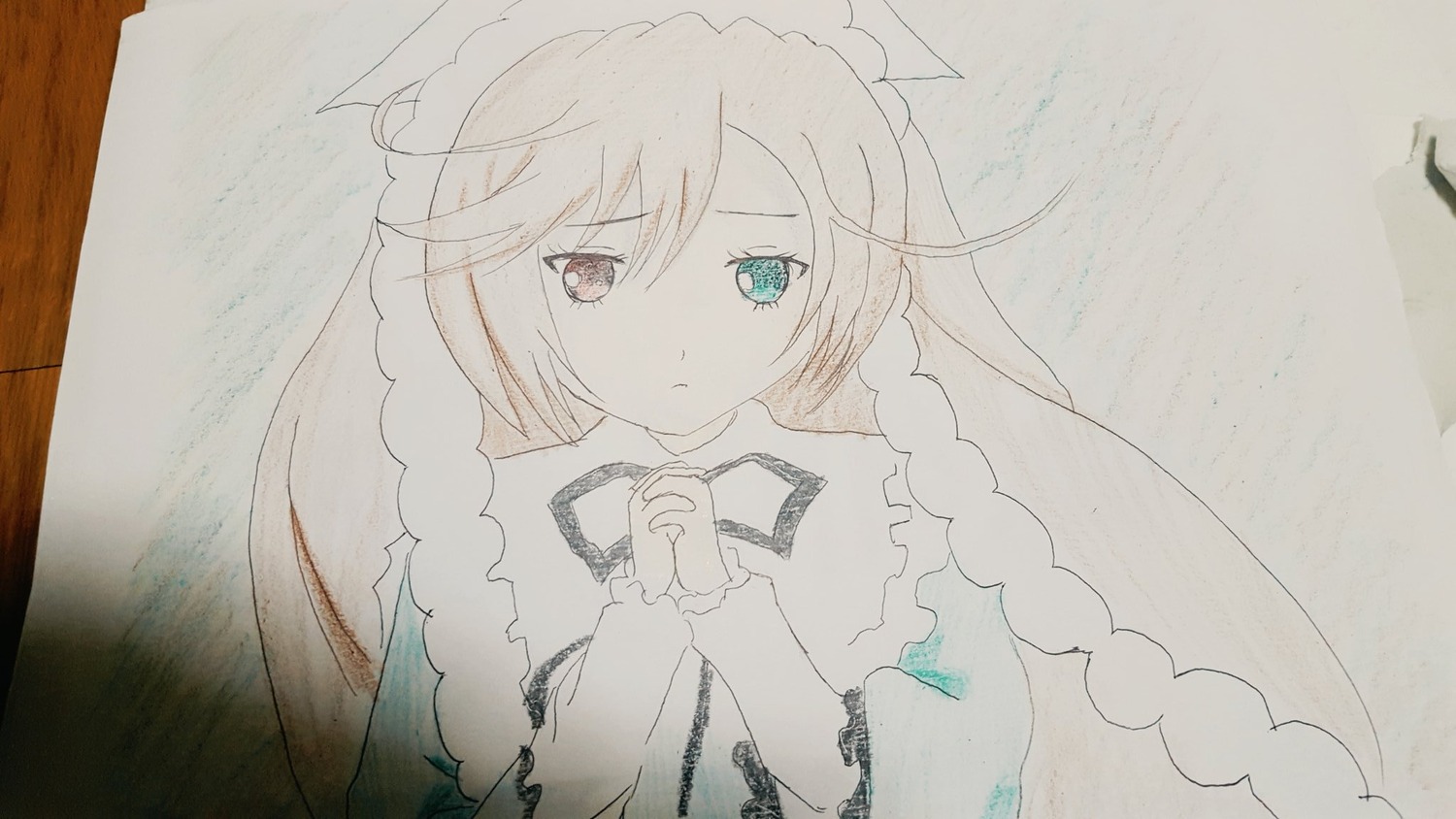 1girl bangs blue_eyes braid closed_mouth dress eyebrows_visible_through_hair fur_trim image long_hair long_sleeves looking_at_viewer own_hands_together photo solo suiseiseki traditional_media upper_body very_long_hair