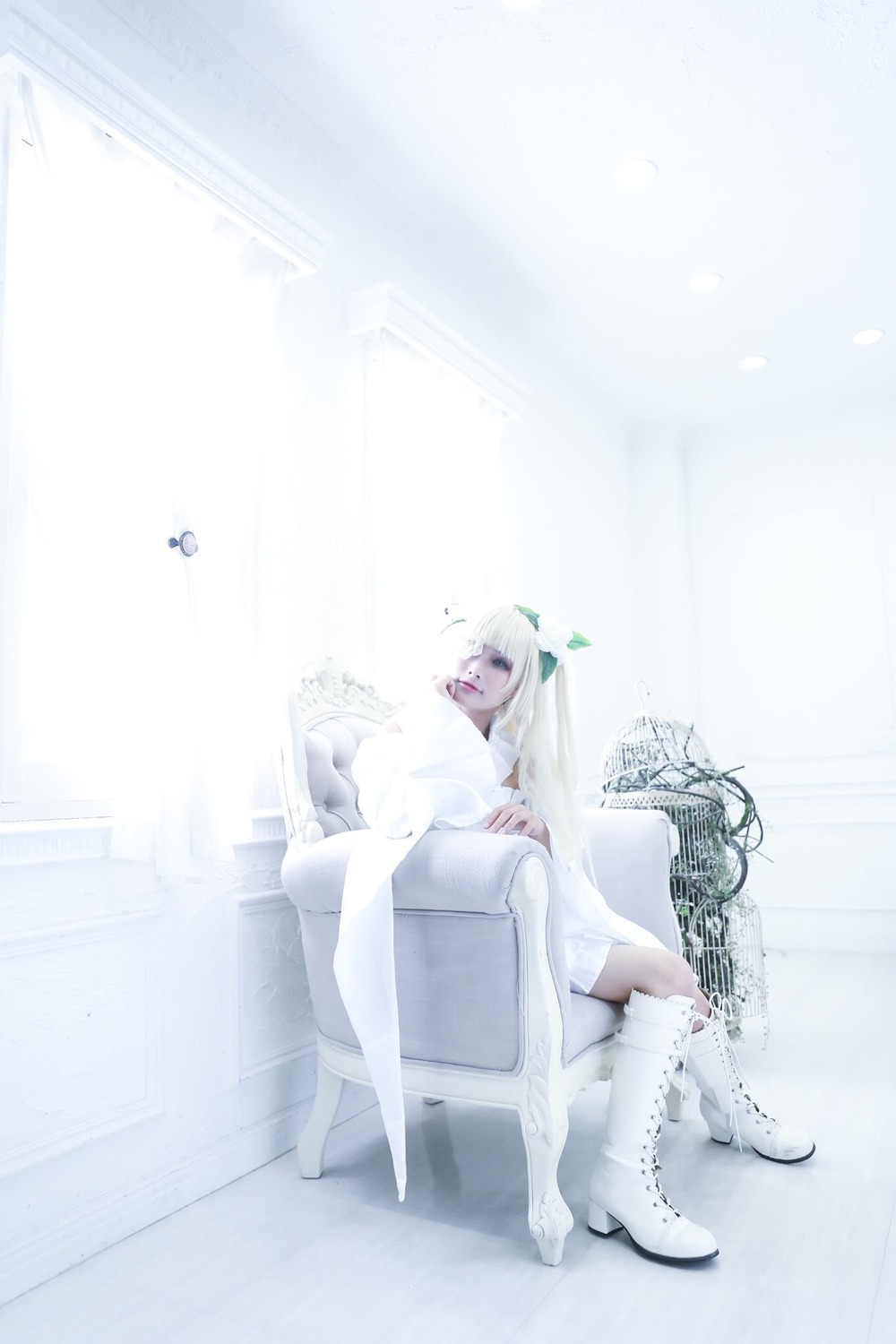 1girl barefoot dress kirakishou long_hair sitting solo white_hair