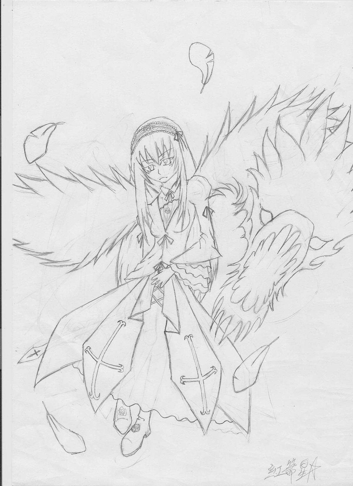 1girl akemi_homura dated dress feathered_wings feathers full_body greyscale image long_hair long_sleeves looking_at_viewer monochrome ribbon signature simple_background solo suigintou traditional_media white_background wings