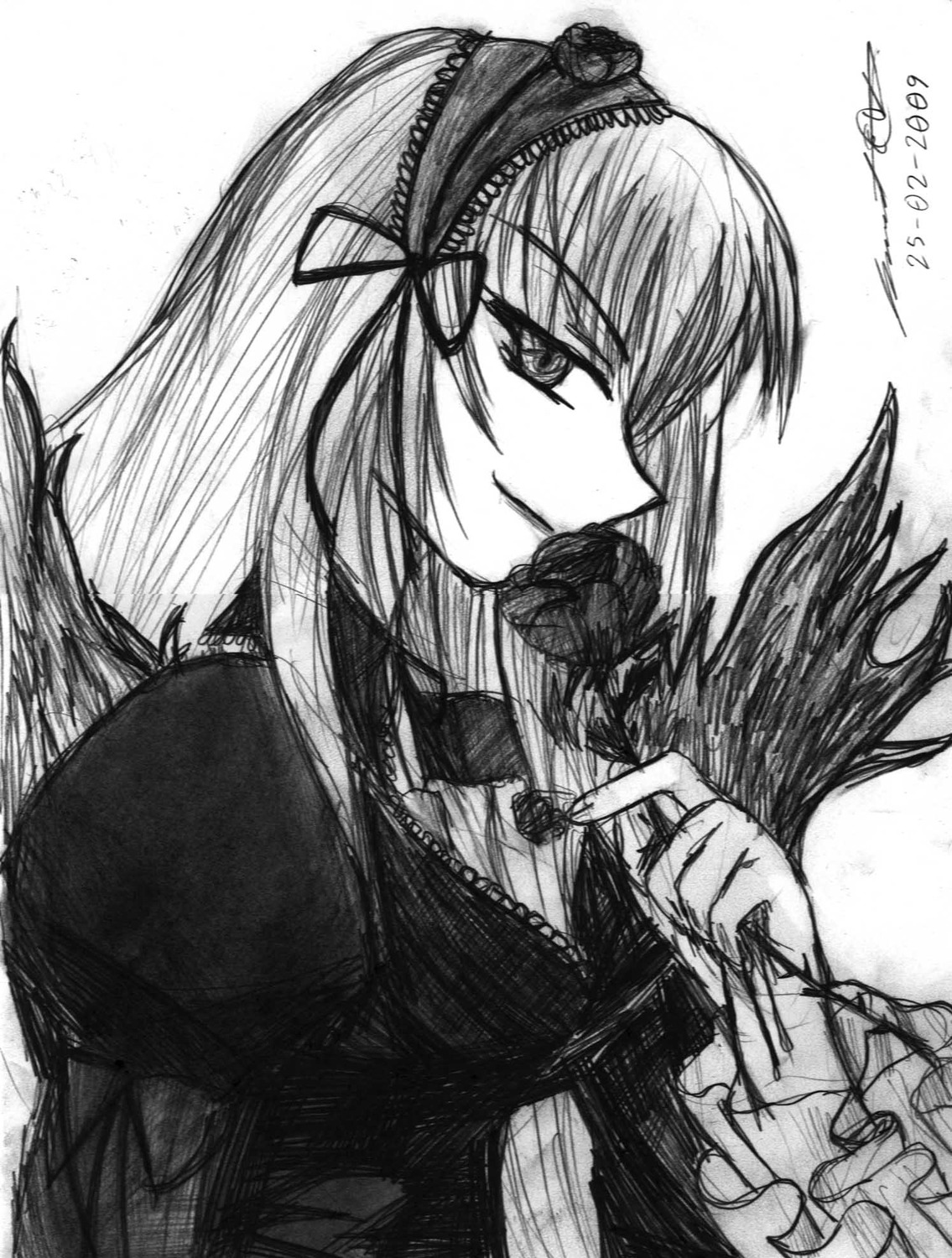 1girl dress flower frills greyscale hairband holding_flower image lolita_hairband long_hair long_sleeves looking_at_viewer monochrome rose simple_background smile solo suigintou upper_body wings