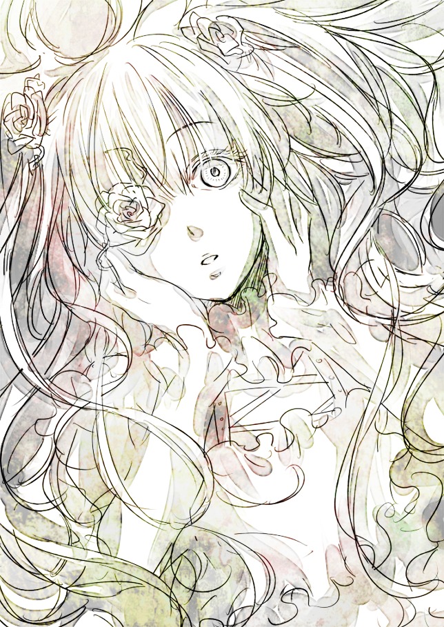 1girl flower hair_ornament hands_on_own_face image kirakishou long_hair looking_at_viewer monochrome pink_hair rose solo