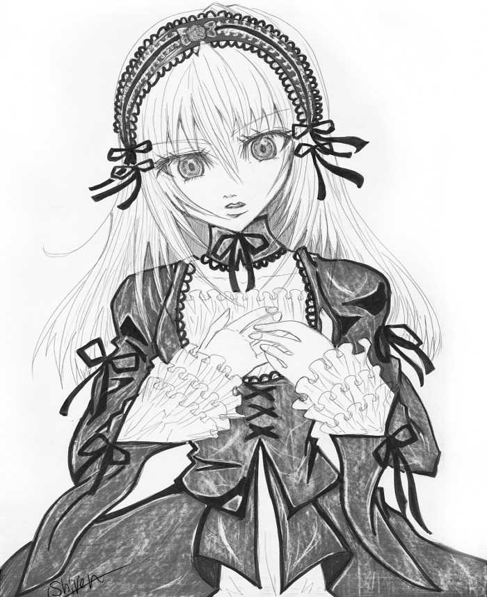 1girl dress frills greyscale hairband image long_hair long_sleeves looking_at_viewer monochrome ribbon simple_background solo suigintou traditional_media