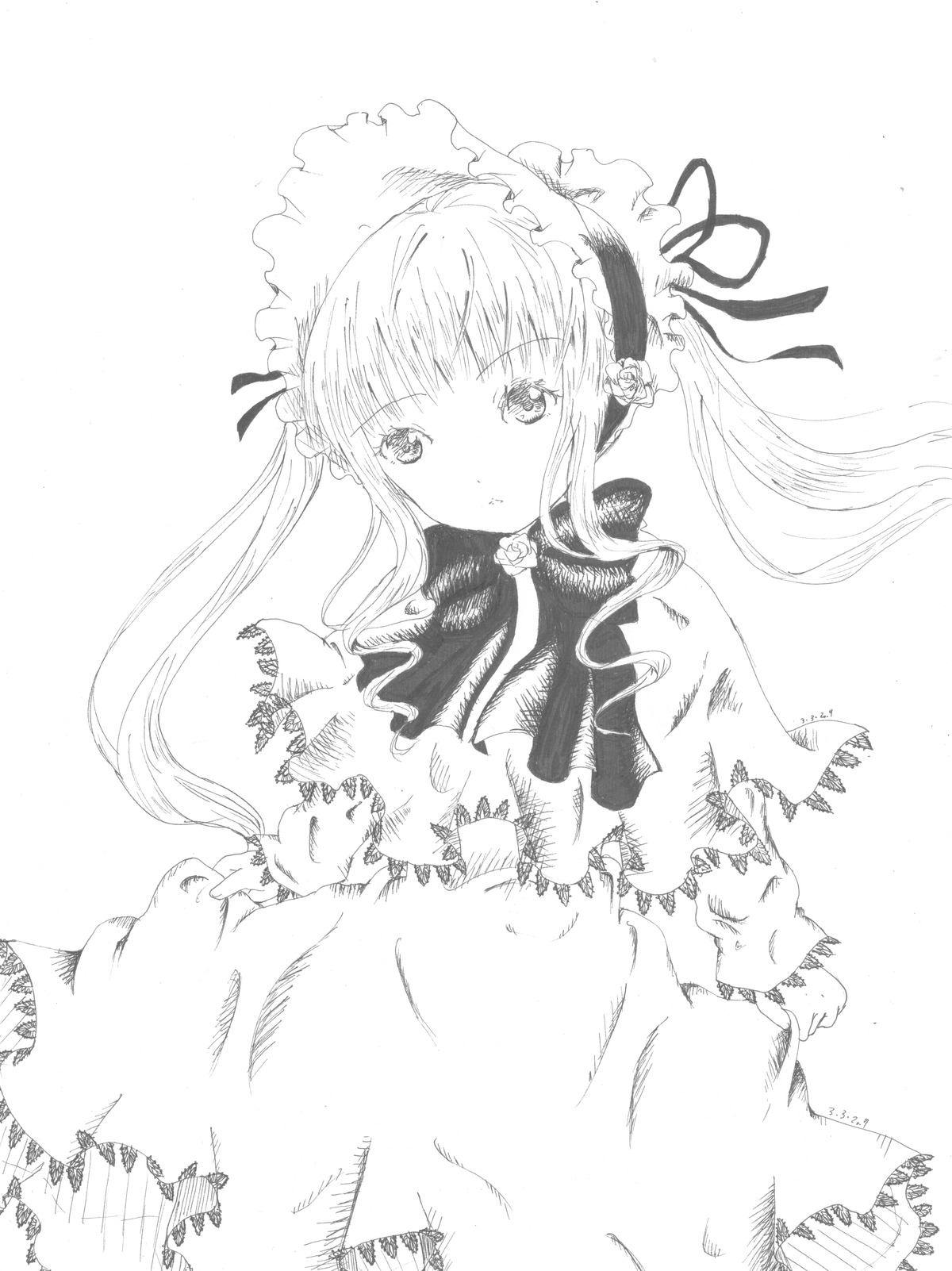 1girl blush capelet dress floating_hair flower greyscale image long_hair looking_at_viewer monochrome ribbon shinku solo striped twintails upper_body white_background