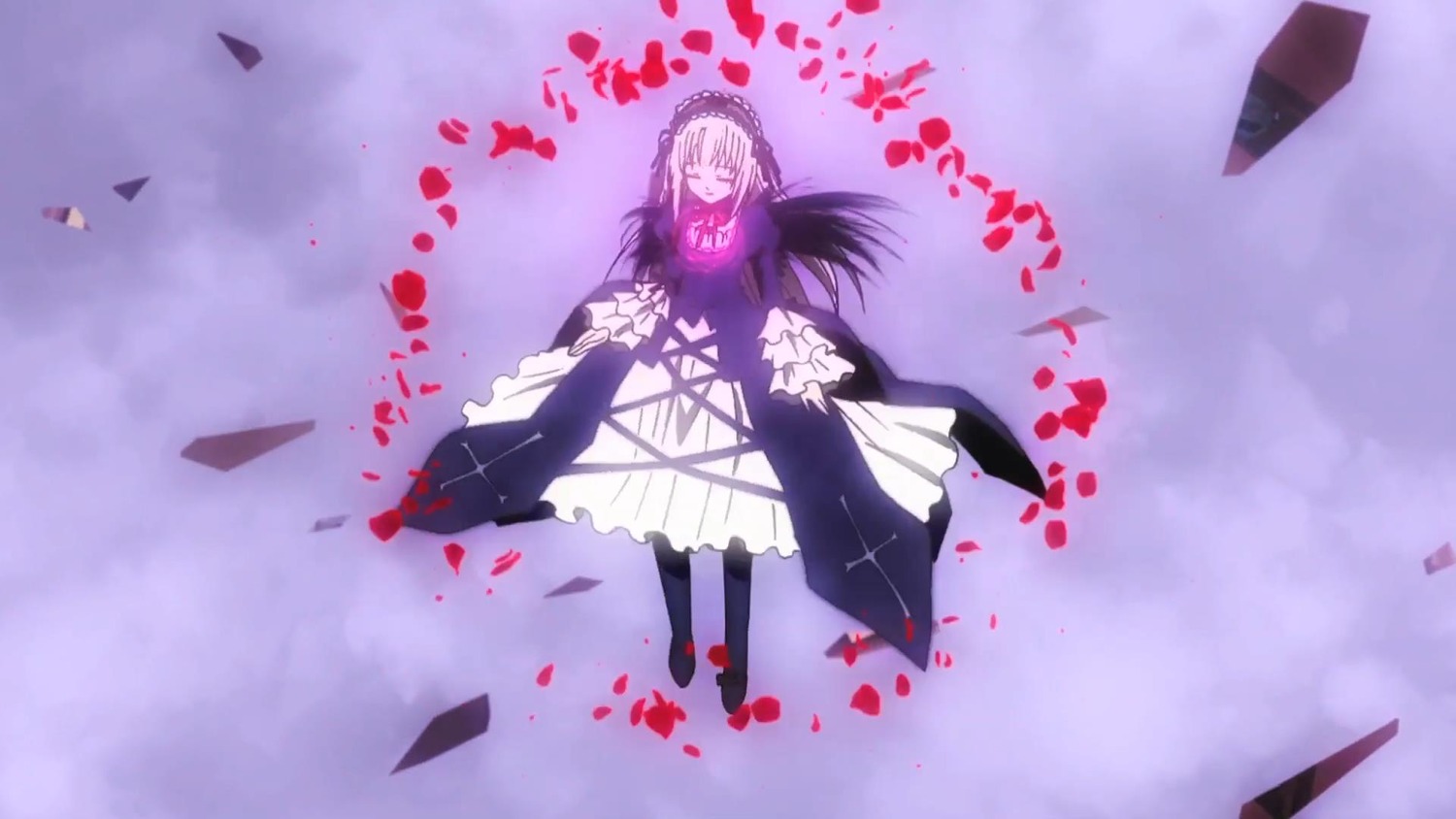 1girl black_dress black_wings closed_eyes dress flower frills full_body hairband image long_hair long_sleeves lying petals ribbon silver_hair solo suigintou wings