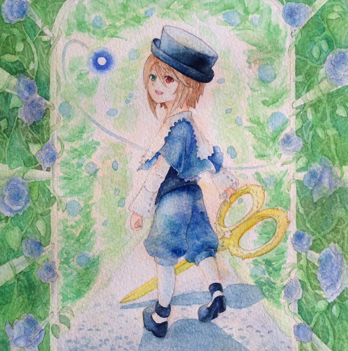 blonde_hair blue_flower blue_rose flower hat heterochromia hydrangea image looking_back open_mouth pantyhose red_eyes rose short_hair smile solo souseiseki traditional_media umbrella watercolor_(medium)