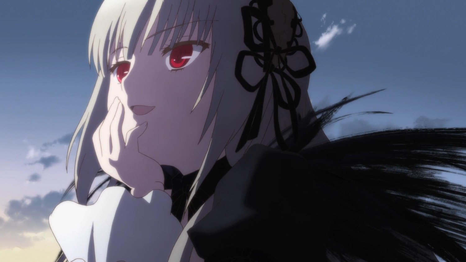 1girl bangs black_dress black_ribbon black_wings cloud dress frills hairband image long_hair long_sleeves looking_at_viewer outdoors red_eyes ribbon sky solo suigintou upper_body