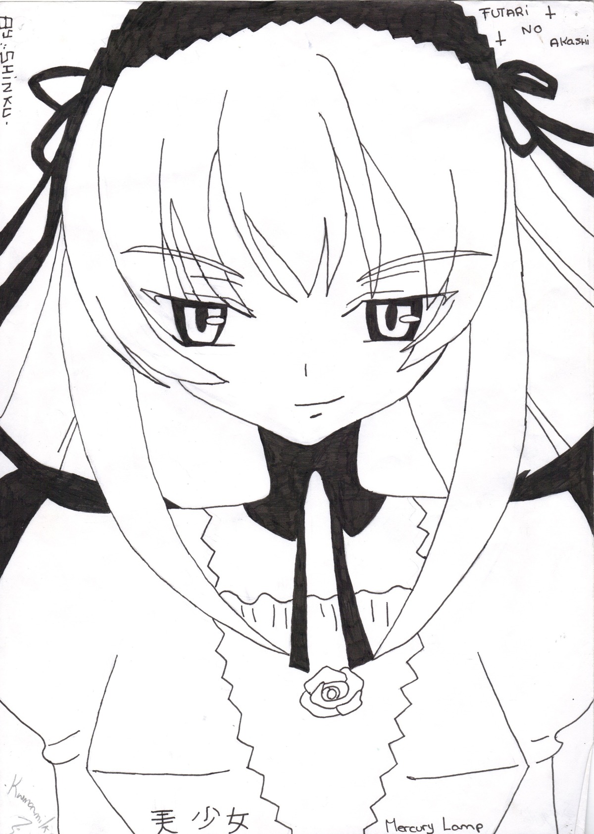 1girl artist_name closed_mouth dated dress flower frills greyscale hairband image lolita_hairband long_hair long_sleeves looking_at_viewer monochrome ribbon rose signature simple_background solo suigintou twitter_username upper_body white_background wings