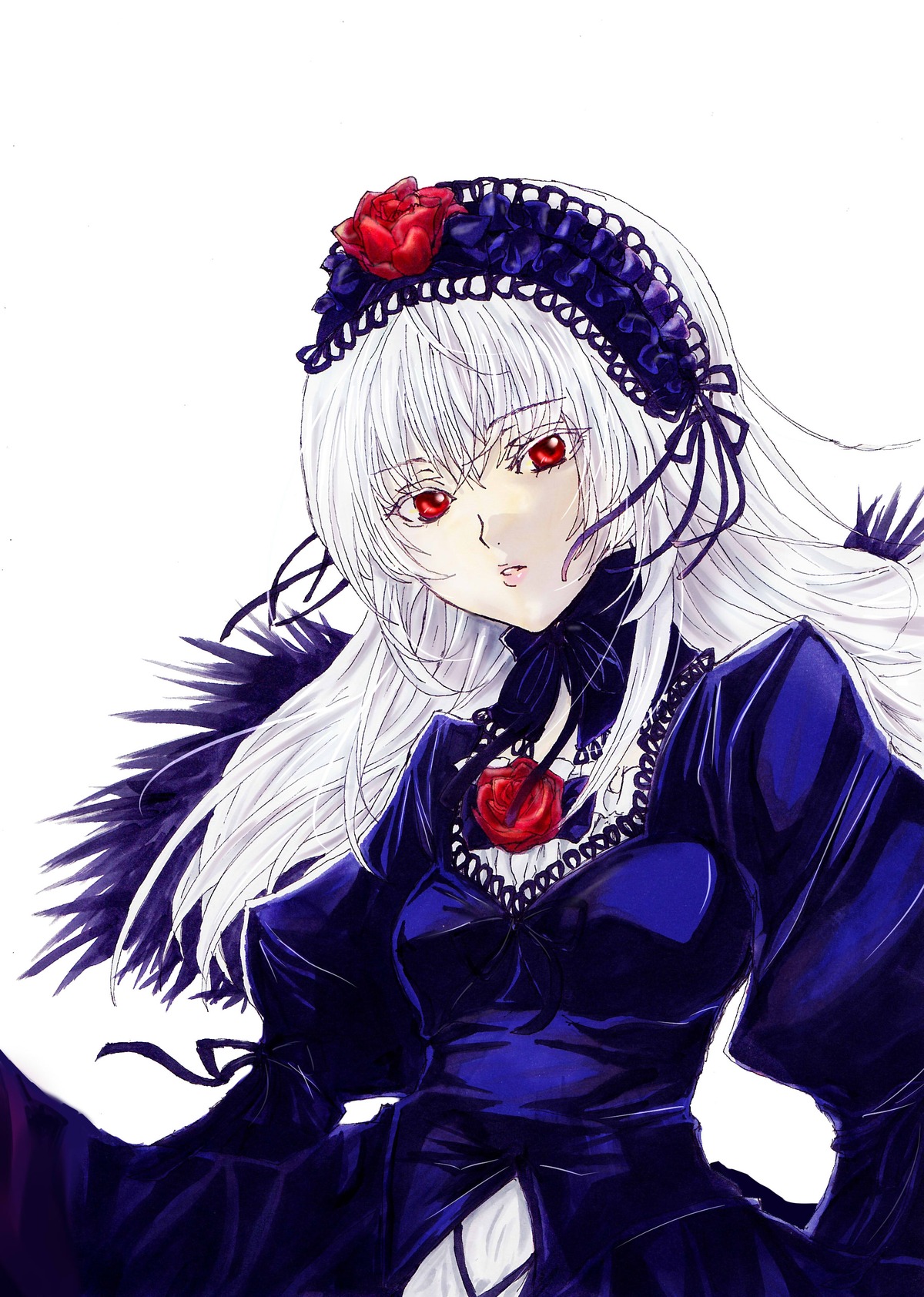 1girl dress flower frills hairband image long_hair long_sleeves looking_at_viewer red_eyes red_flower red_rose rose silver_hair simple_background solo suigintou white_background wings