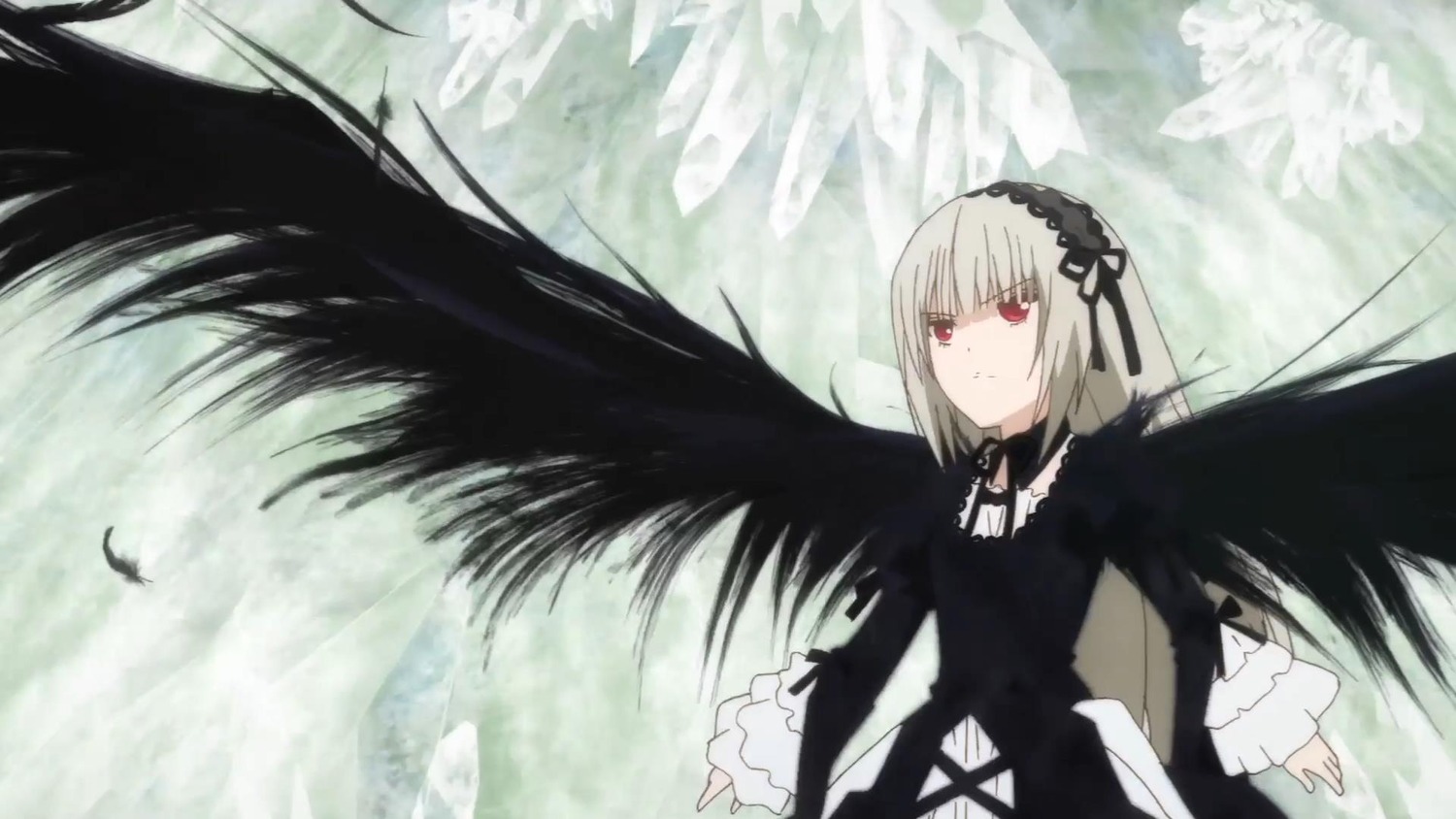 1girl bangs black_dress black_ribbon black_wings closed_mouth dress expressionless feathered_wings feathers frills hairband image long_hair long_sleeves red_eyes ribbon silver_hair solo suigintou wings