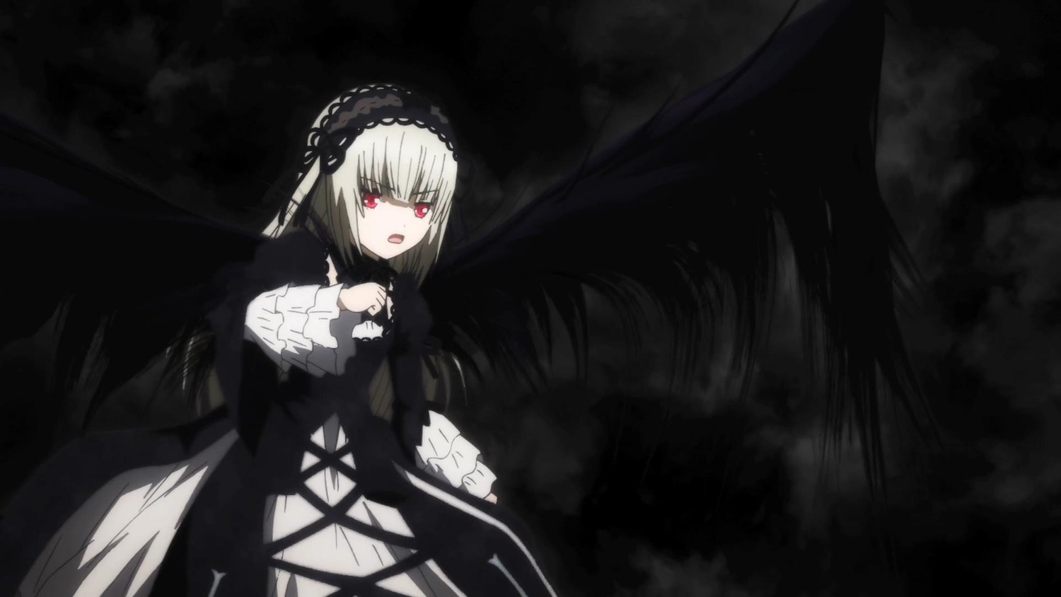 1girl black_dress black_wings dress frills gothic_lolita hairband image lolita_fashion lolita_hairband long_sleeves looking_at_viewer open_mouth red_eyes solo suigintou wings