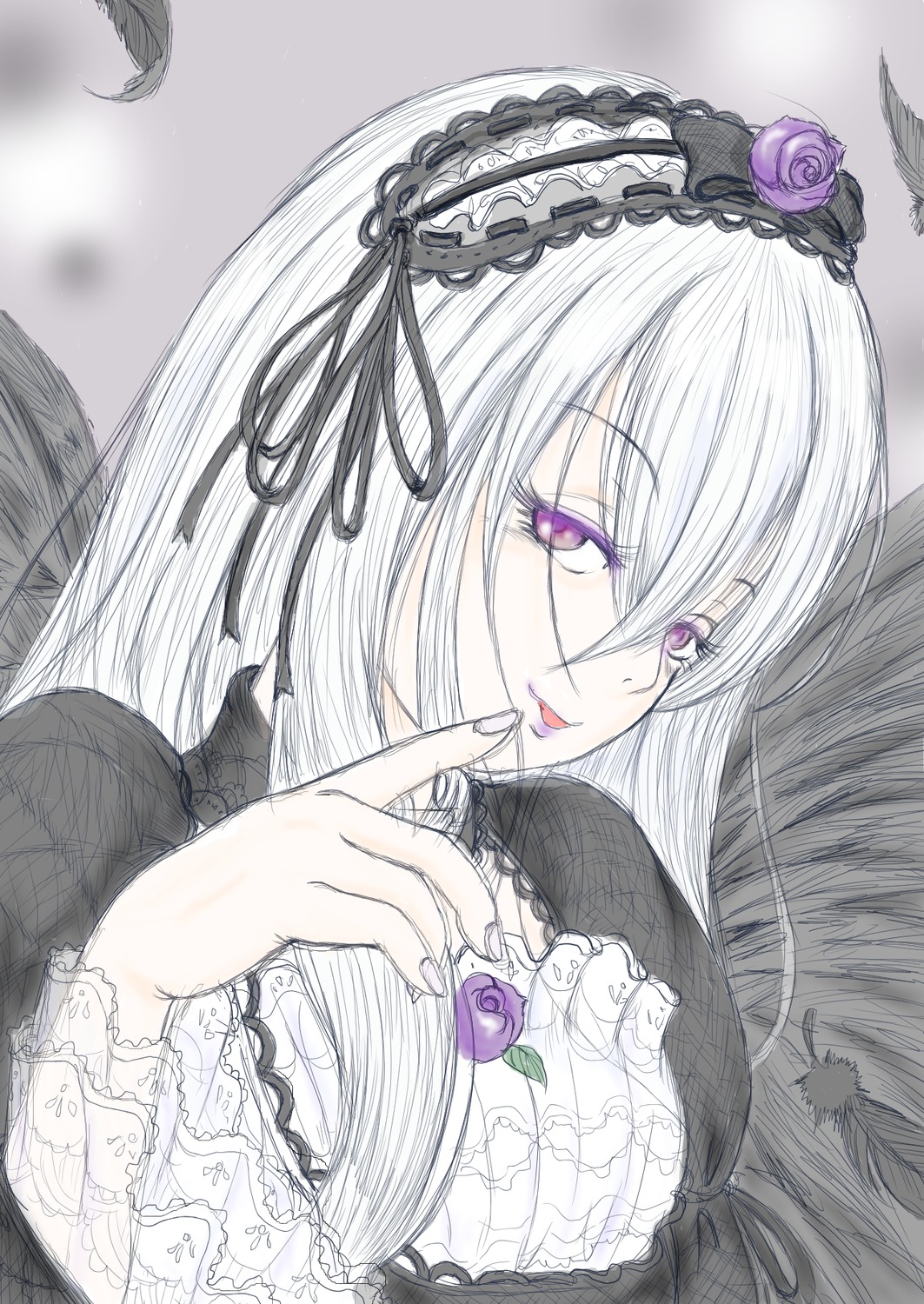 1girl black_flower black_hairband feathers fingernails flower frills gothic_lolita hair_between_eyes hairband image lolita_fashion long_hair long_sleeves looking_at_viewer purple_eyes purple_flower purple_rose ribbon rose silver_hair solo suigintou tongue tongue_out upper_body white_hair wings