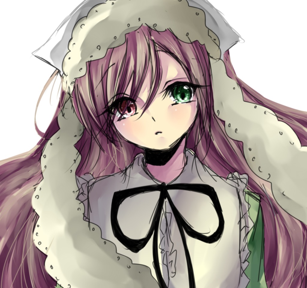 1girl brown_hair dress expressionless green_eyes hat head_scarf heterochromia image long_hair long_sleeves looking_at_viewer simple_background solo suiseiseki tears upper_body very_long_hair white_background