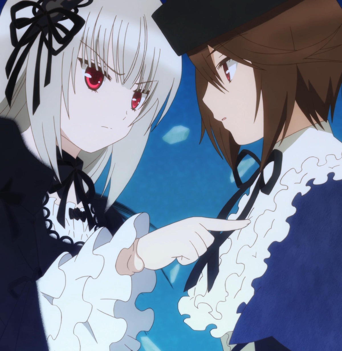 2girls black_dress black_ribbon brown_hair closed_mouth dress eye_contact frills hairband hat image long_hair long_sleeves looking_at_another multiple_girls pair red_eyes ribbon silver_hair souseiseki suigintou upper_body wings
