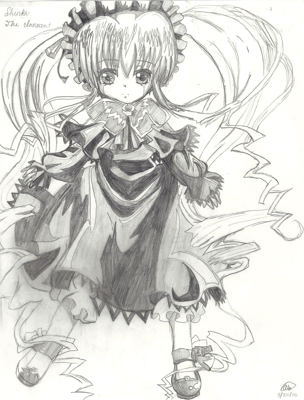 1girl bonnet bow bowtie dress frills full_body greyscale hat image long_hair long_sleeves looking_at_viewer monochrome shinku signature solo standing traditional_media twintails very_long_hair white_background