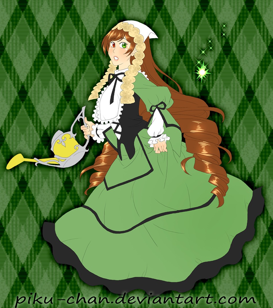 1girl argyle argyle_background brown_hair checkered checkered_background checkered_floor dress drill_hair frills green_dress green_eyes hat head_scarf heterochromia image long_hair long_sleeves plaid_background red_eyes solo suiseiseki tiles twin_drills very_long_hair watering_can