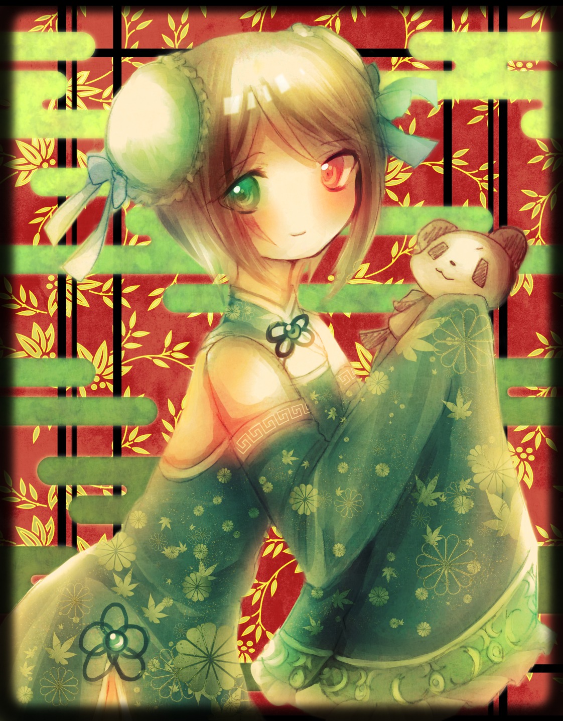 1girl blonde_hair bun_cover china_dress chinese_clothes double_bun dress floral_print green_eyes heterochromia image looking_at_viewer red_eyes smile solo souseiseki