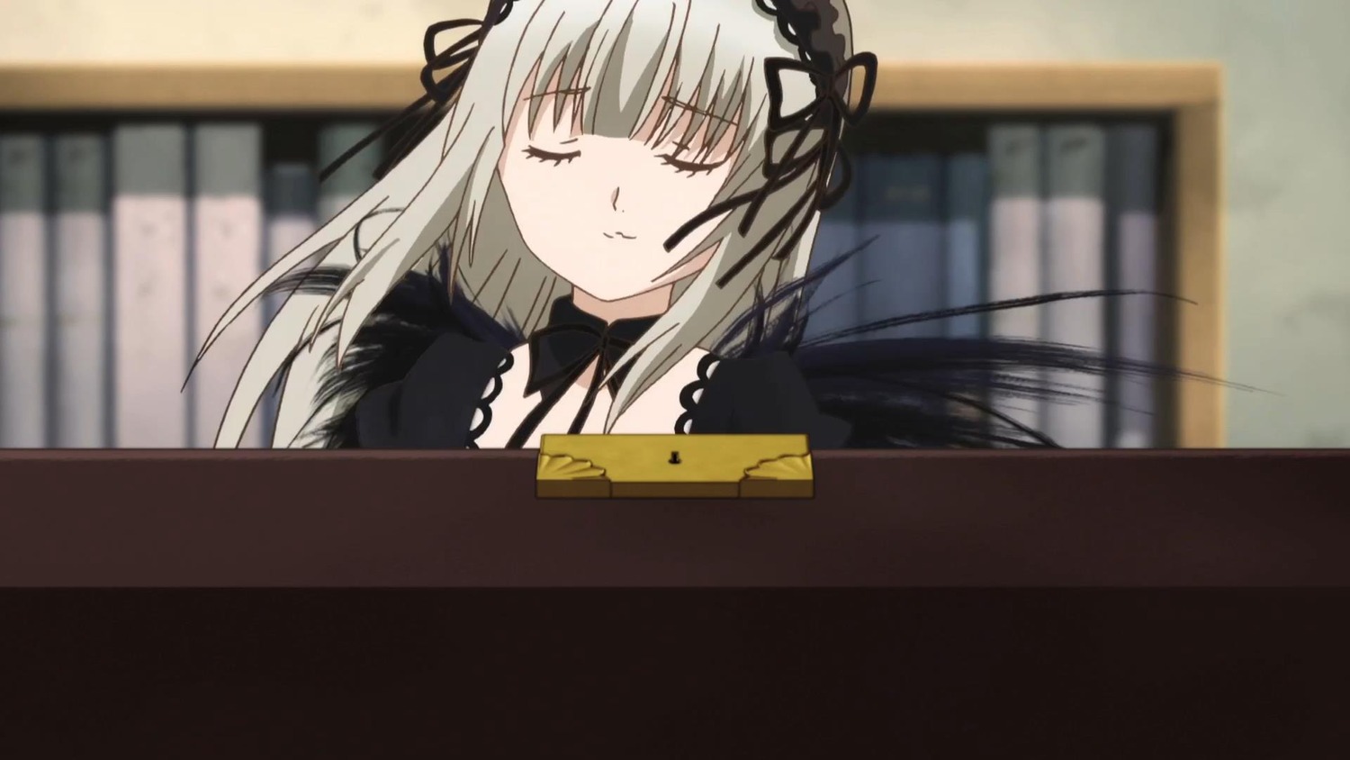 1girl black_choker black_ribbon blurry blurry_background choker closed_eyes closed_mouth depth_of_field dress hairband image long_hair ribbon silver_hair solo suigintou