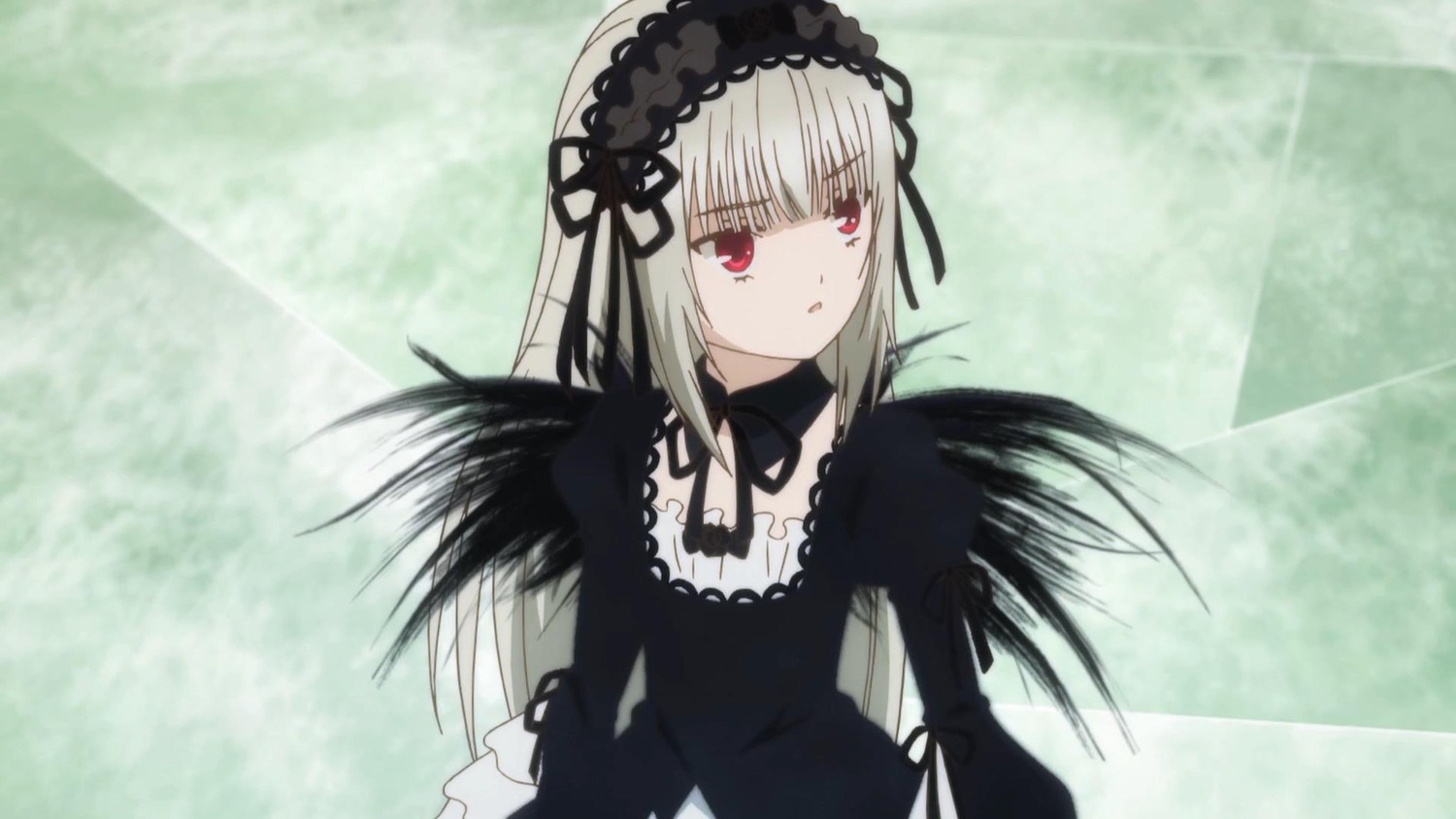 1girl bangs black_dress black_ribbon black_wings detached_collar dress frills hairband image juliet_sleeves long_hair long_sleeves looking_at_viewer puffy_sleeves red_eyes ribbon silver_hair solo suigintou upper_body wings