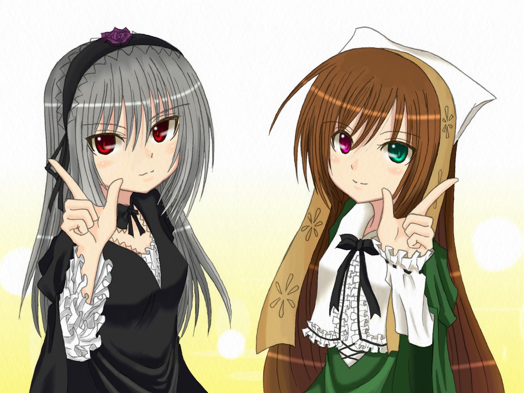 2girls brown_hair dress finger_to_mouth frills hairband heterochromia image index_finger_raised long_hair long_sleeves looking_at_viewer multiple_girls pair pointing red_eyes shushing siblings silver_hair sisters smile suigintou suiseiseki very_long_hair