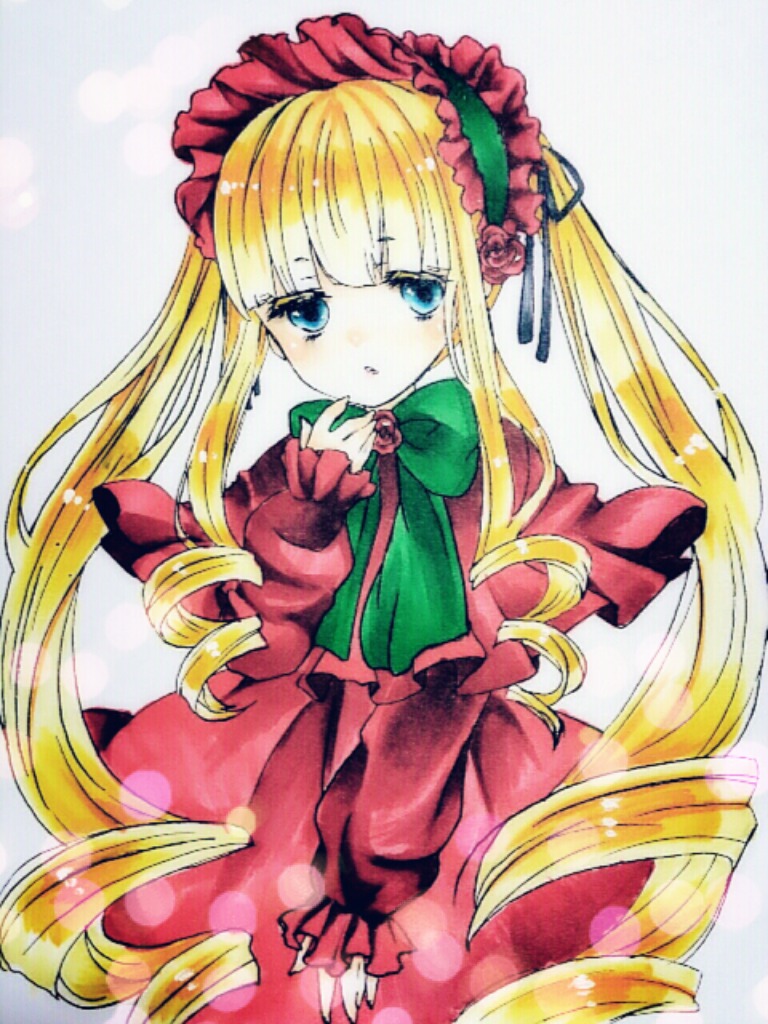 1girl blonde_hair blue_eyes bow bowtie capelet dress drill_hair flower green_bow green_neckwear image long_hair long_sleeves looking_at_viewer rose shinku sidelocks solo twin_drills twintails very_long_hair
