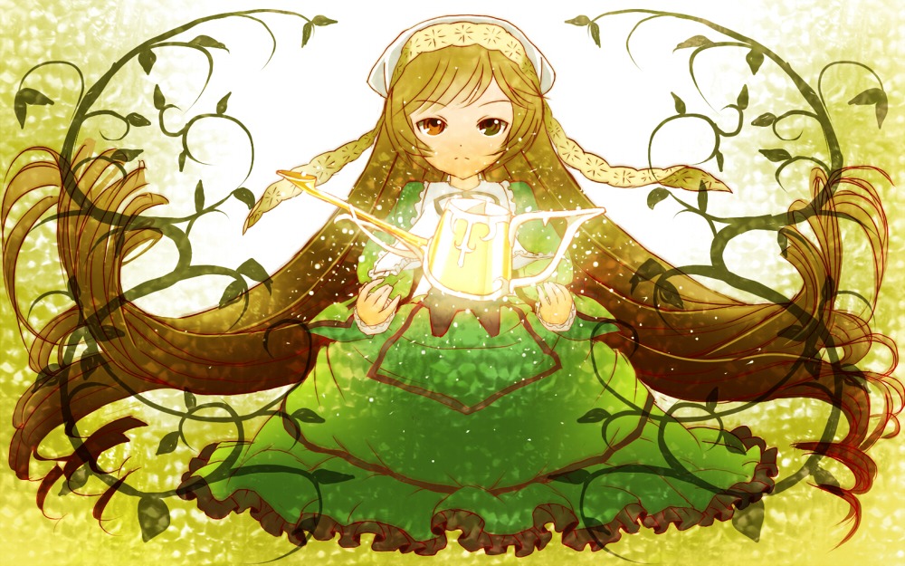 1girl absurdly_long_hair blonde_hair braid brown_hair dress flower frills green_dress head_scarf image long_hair long_sleeves plant solo suiseiseki twin_braids very_long_hair vines